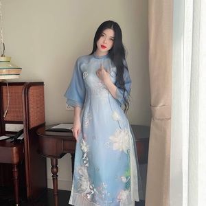 Sky blue Vietnamese traditional dress with 3D design